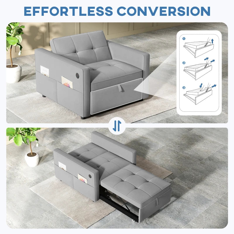 Modern Velvet Convertible Sleeper Chair Bed with USB & Adjustable Backrest