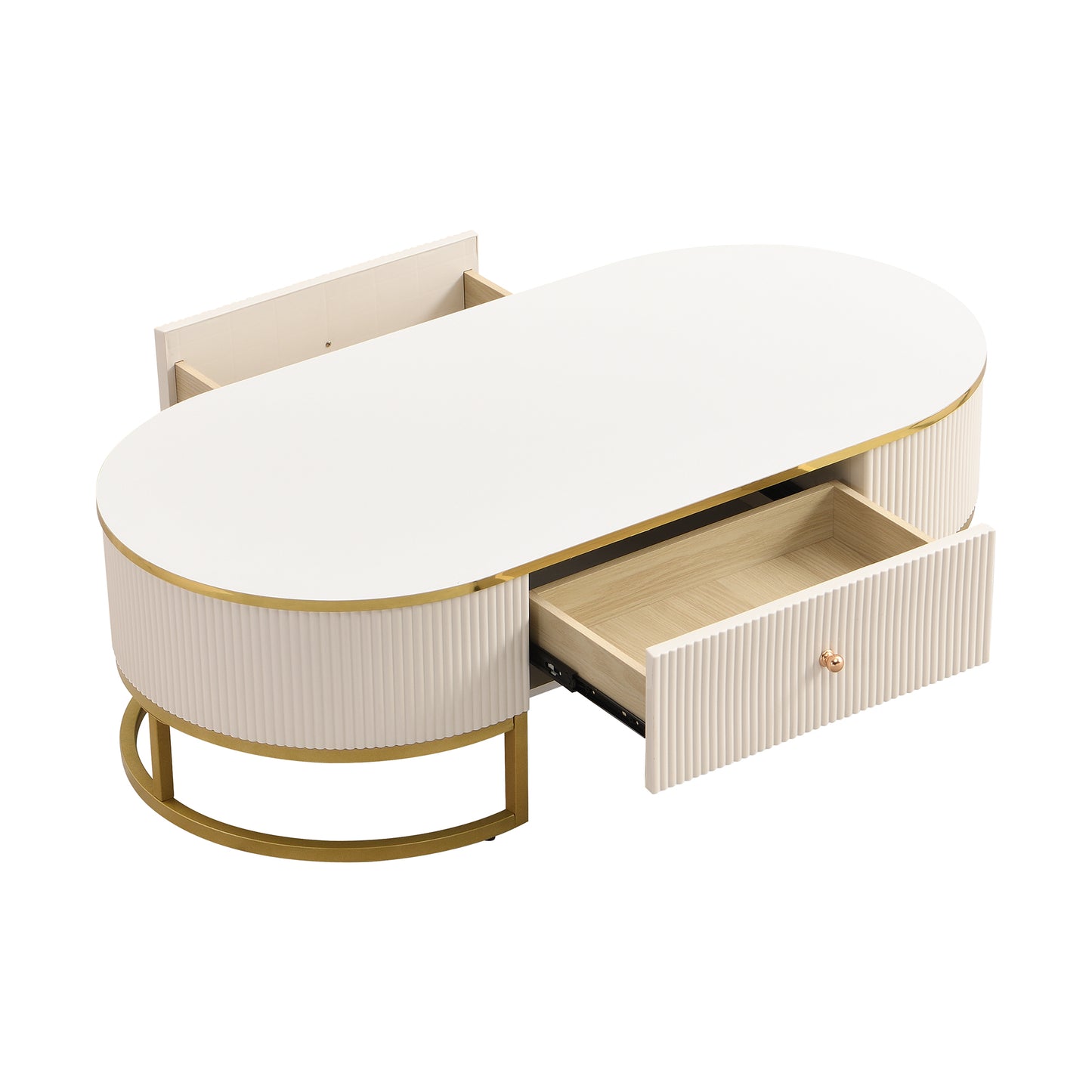 Modern High-Gloss Oval Coffee Table with Storage Drawers, Gold Metal Base, White Finish