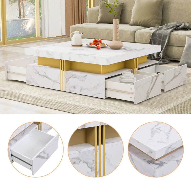 Elegant Black & Gold Modern Square Storage Coffee Table with 4 Drawers