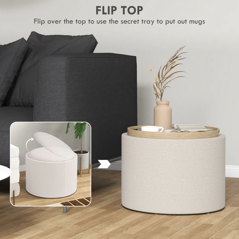Round Storage Coffee Table Ottoman with Removable Tray Top Footrest