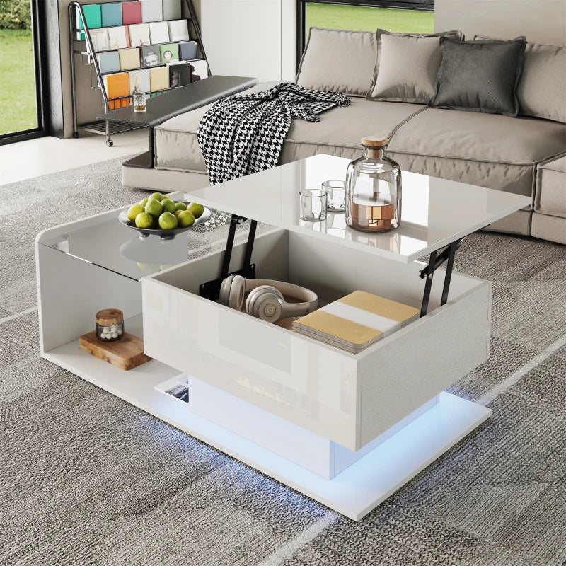 Modern High-Gloss Black Coffee Table with Tempered Glass LED Lighting and Storage