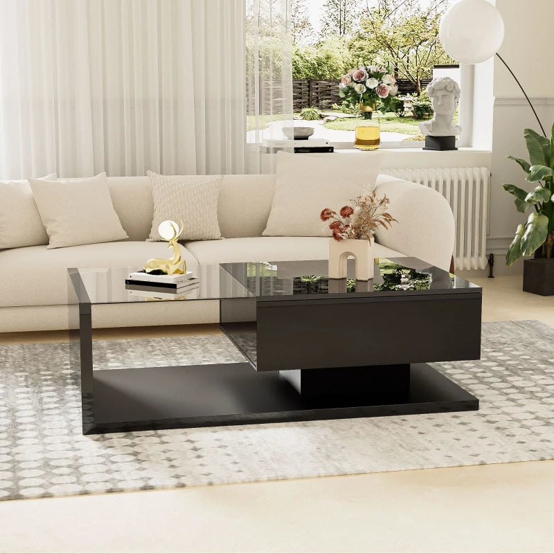 Modern High-Gloss White Coffee Table with 16-Color LED Lights & Storage