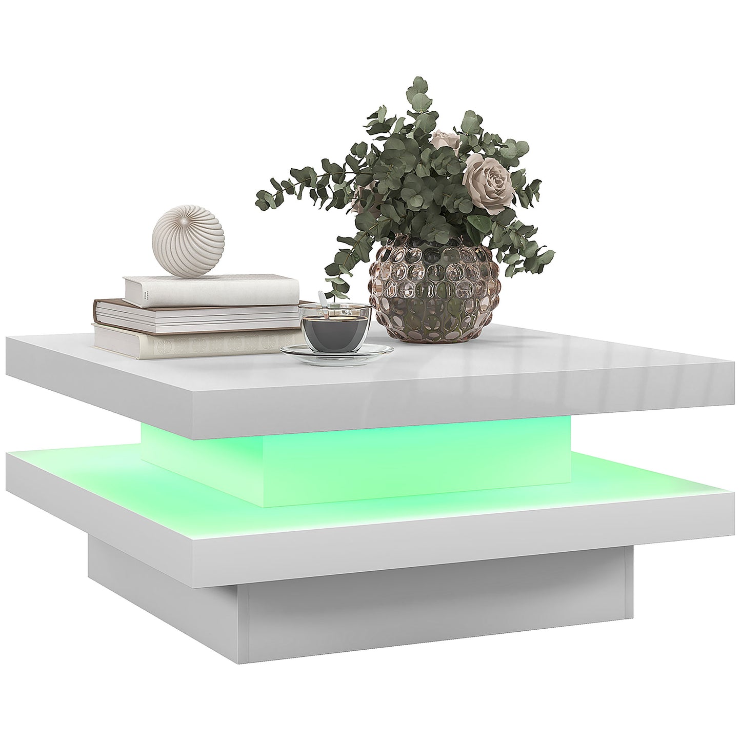 HOMCOM Square LED Coffee Table with Remote, 2-Tier Modern White
