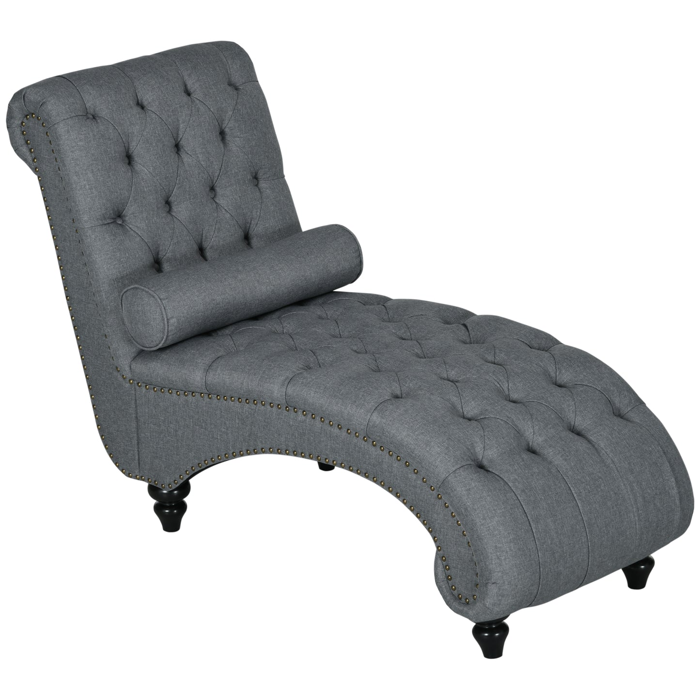 HOMCOM Grey Button Tufted Chaise Lounge Chair with Bolster Pillow Wood Legs