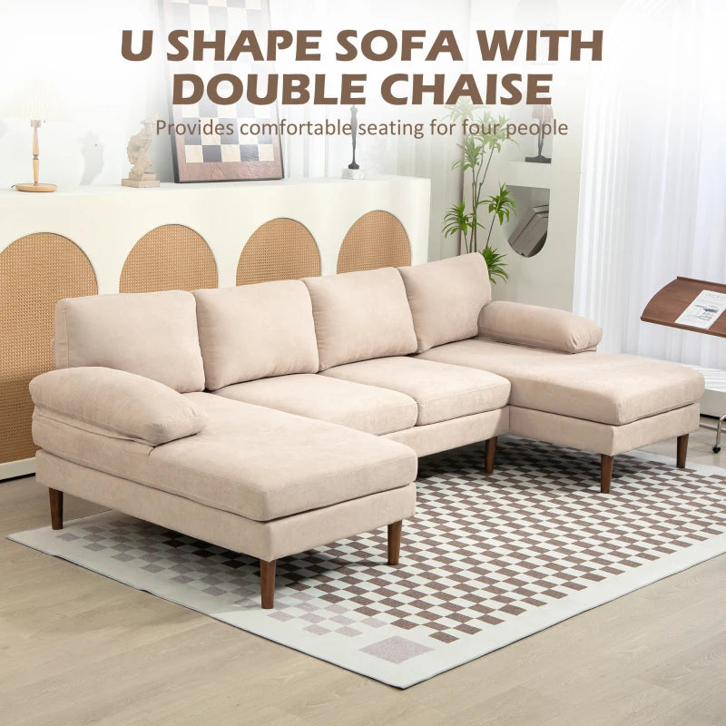 U-Shape 4-Seater Sofa with Dual Chaises, Sturdy Wood Legs