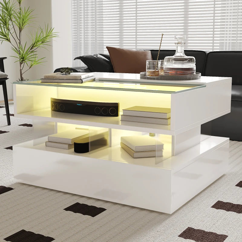 Modern High-Gloss Lift-Top Coffee Table with LED Lighting and Storage