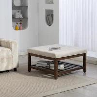 32-inch Square Linen Ottoman Coffee Table with Storage, Beige