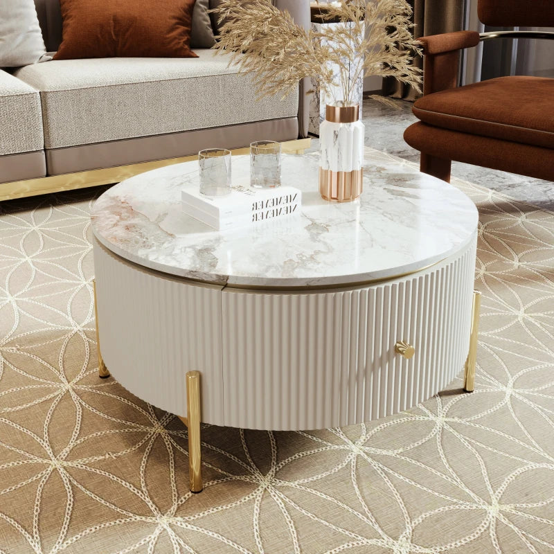 Modern Round Coffee Table with 2 Drawers, MDF, Gold Legs, White & Gold