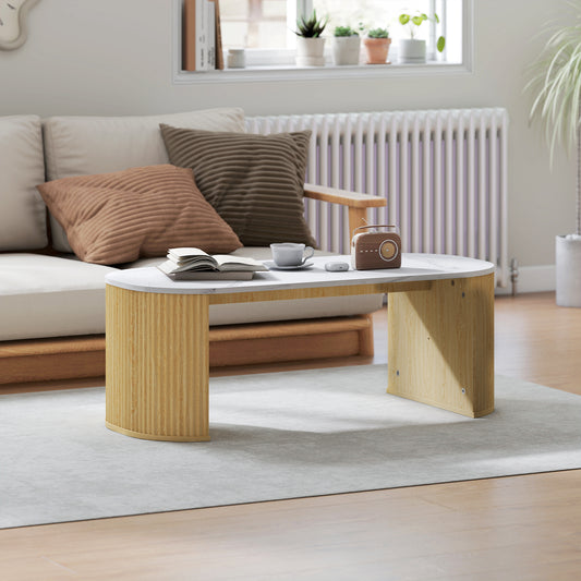 HOMCOM Modern Marble-Effect Coffee Table, Rounded Corners, Thick Legs, Natural Wood Finish