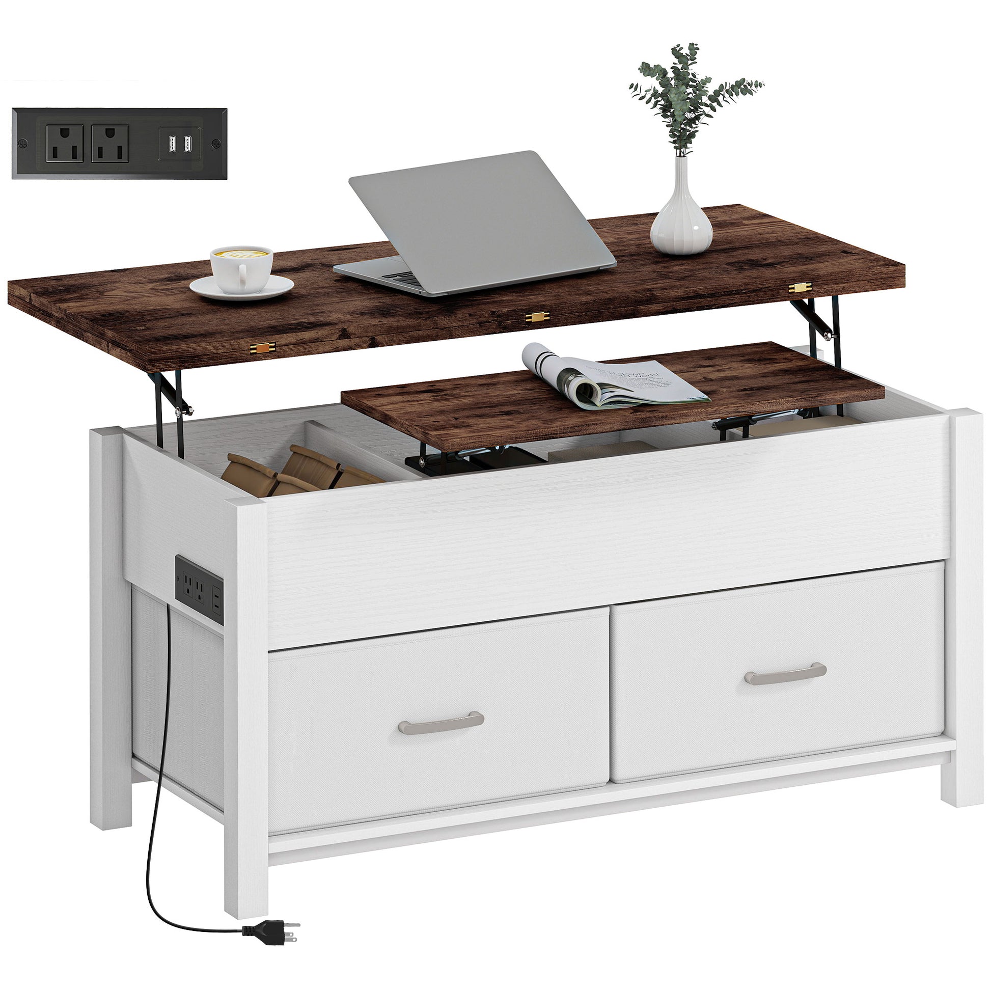 HOMCOM Lift Top Coffee Table with Charging, Hidden Storage, Fabric Drawers