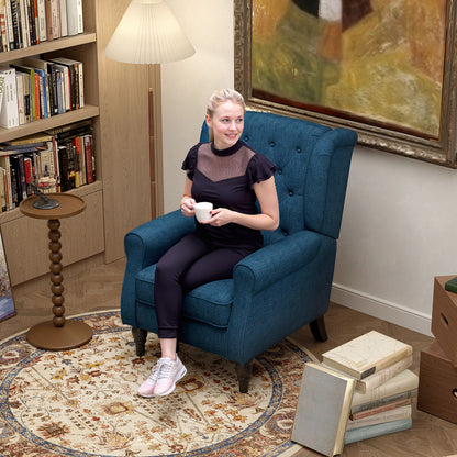 HOMCOM Blue Button Tufted Wingback Accent Chair, Rolled Arms, Wood Legs