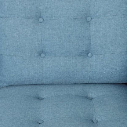 Elegant Blue 3-Seater Sofa, Button Tufted Waffle Stitch, Solid Rubberwood Legs