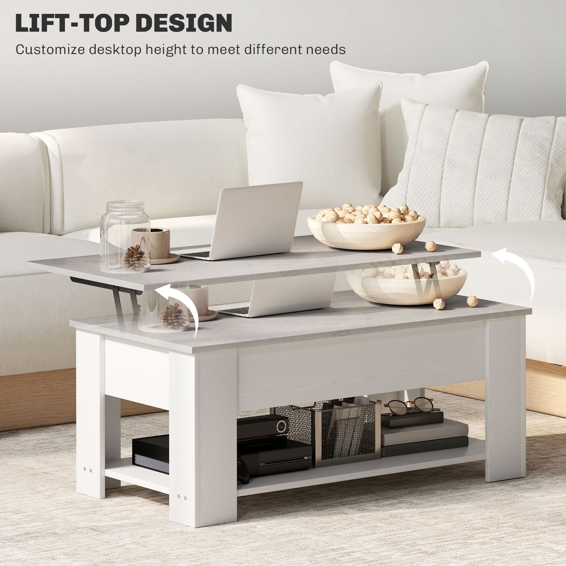HomCom White Lift-Top Coffee Table with Hidden Storage and Open Shelf