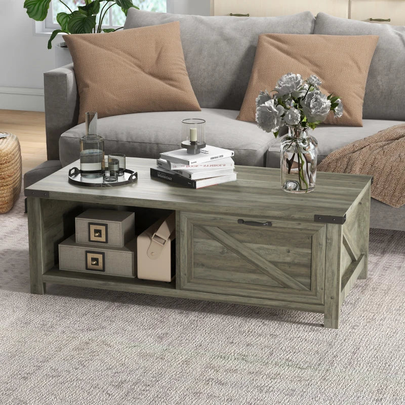 Farmhouse Grey Coffee Table with Drawer & Storage Shelf