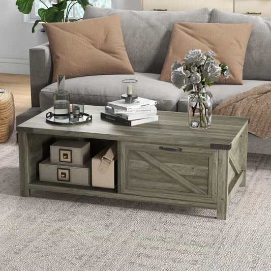 Farmhouse Grey Coffee Table with Drawer & Storage Shelf