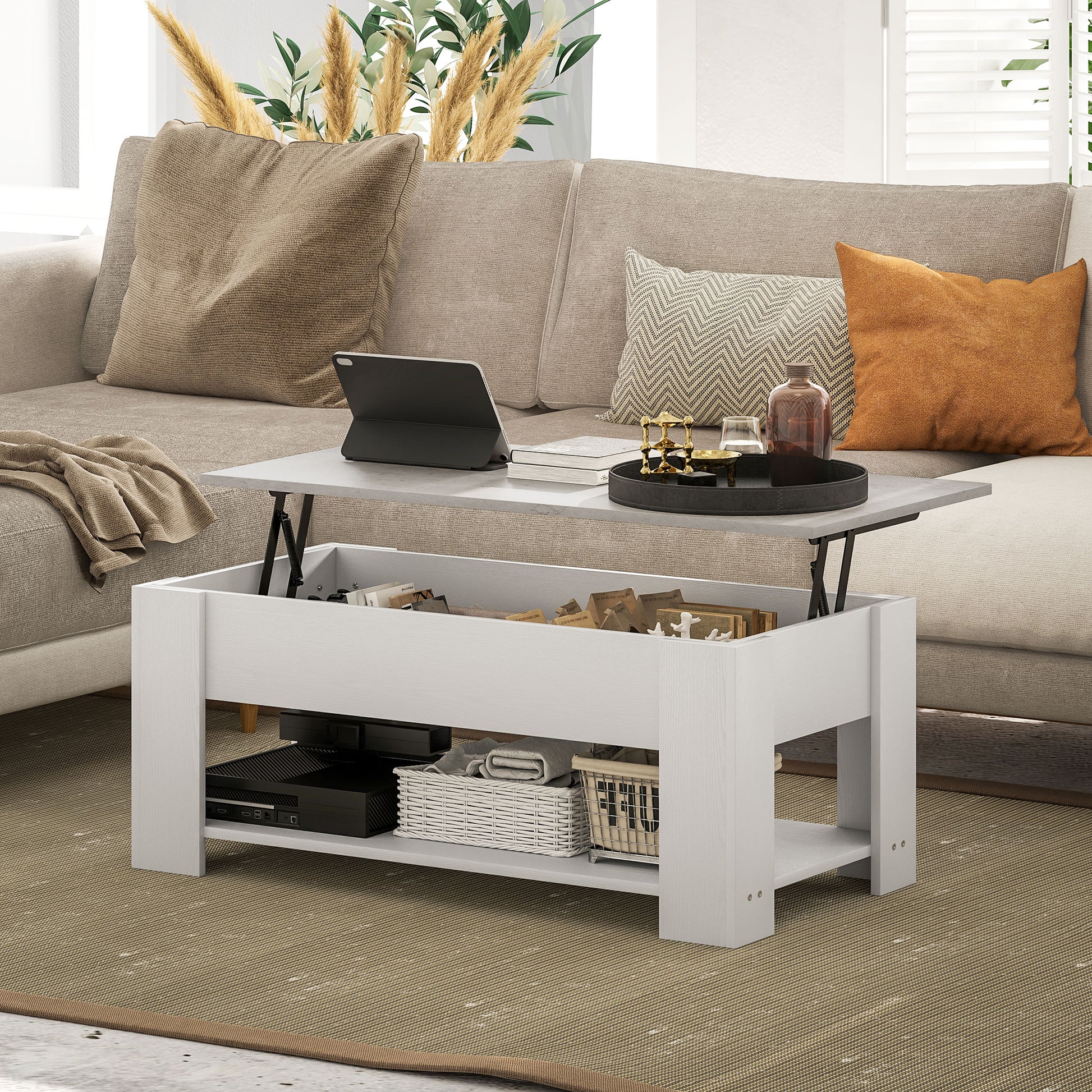 HomCom White Lift-Top Coffee Table with Hidden Storage and Open Shelf