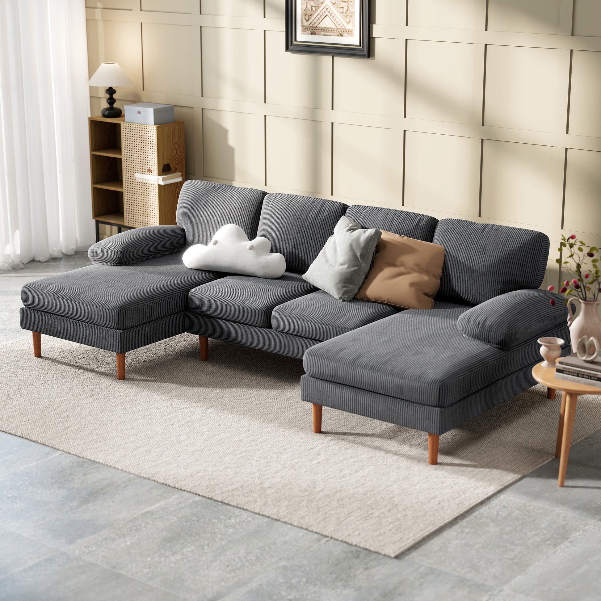 HOMCOM U-Shape 4-Seater Sofa with Dual Chaises, Sturdy Wood Legs