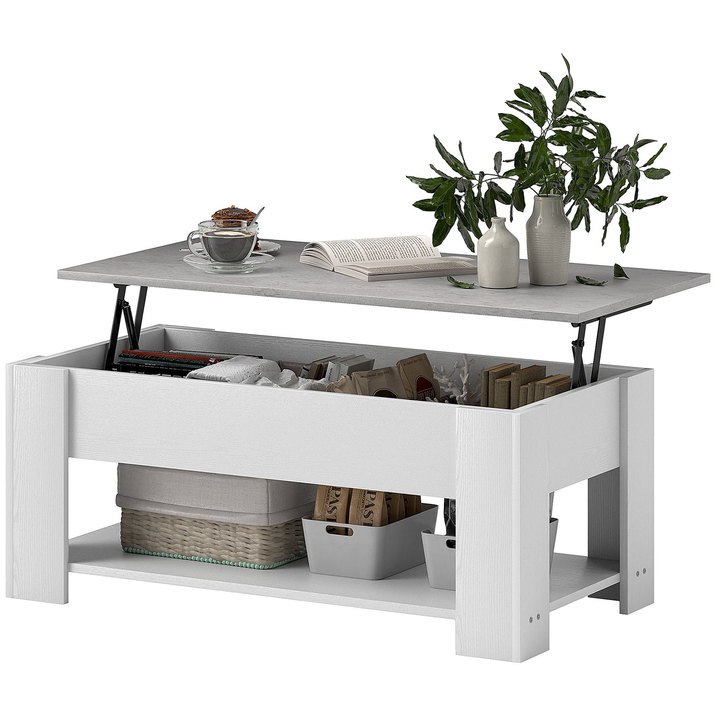 HomCom White Lift-Top Coffee Table with Hidden Storage and Open Shelf