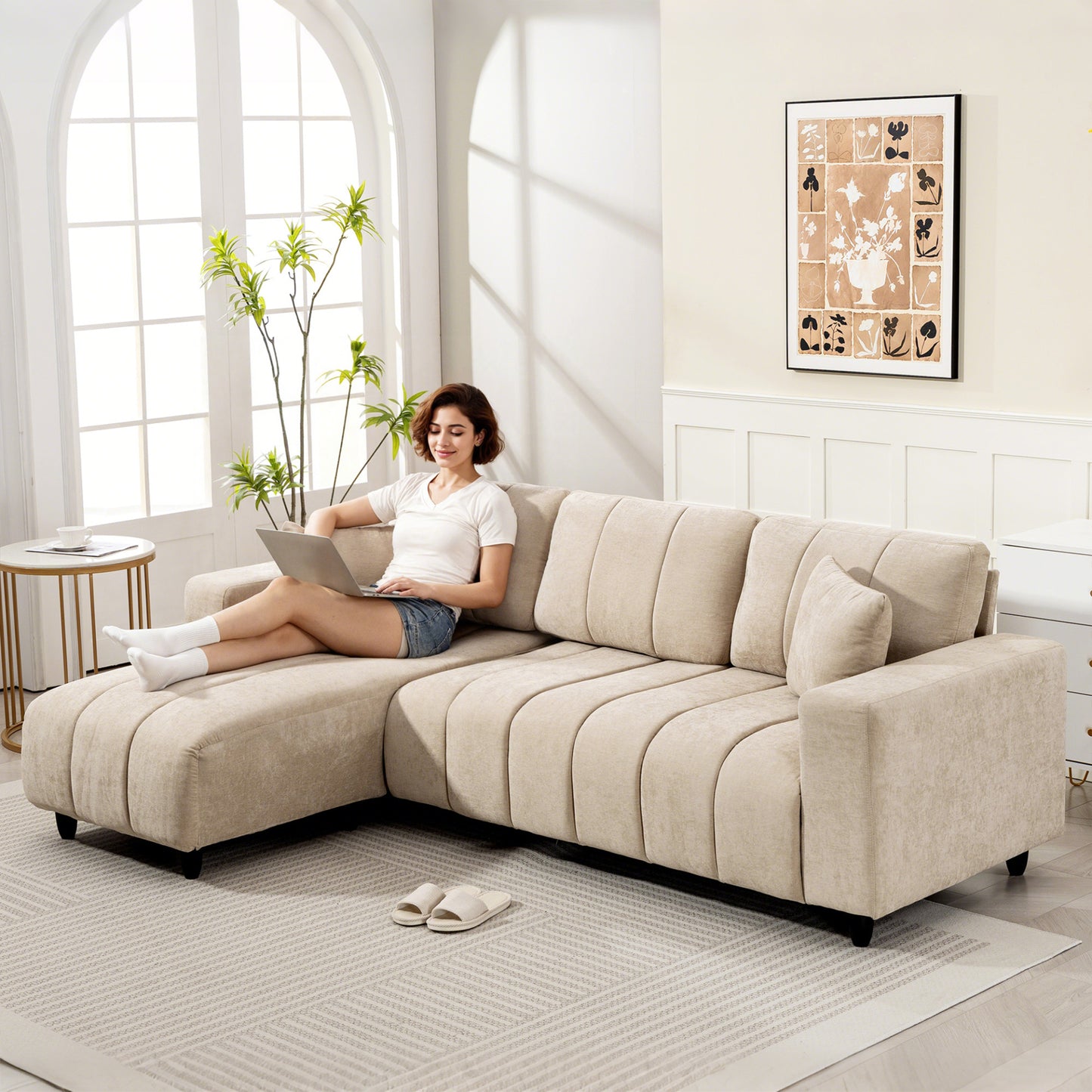 HOMCOM 3-Seater L-Shaped Sectional Sofa with Reversible Chaise, Beige Fabric