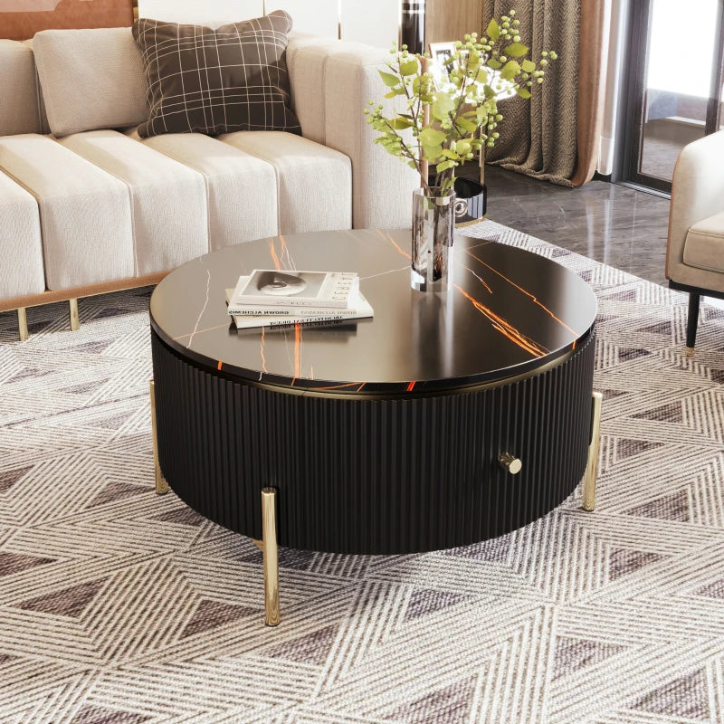 Modern Round Coffee Table with 2 Drawers, MDF, Gold Legs, White & Gold