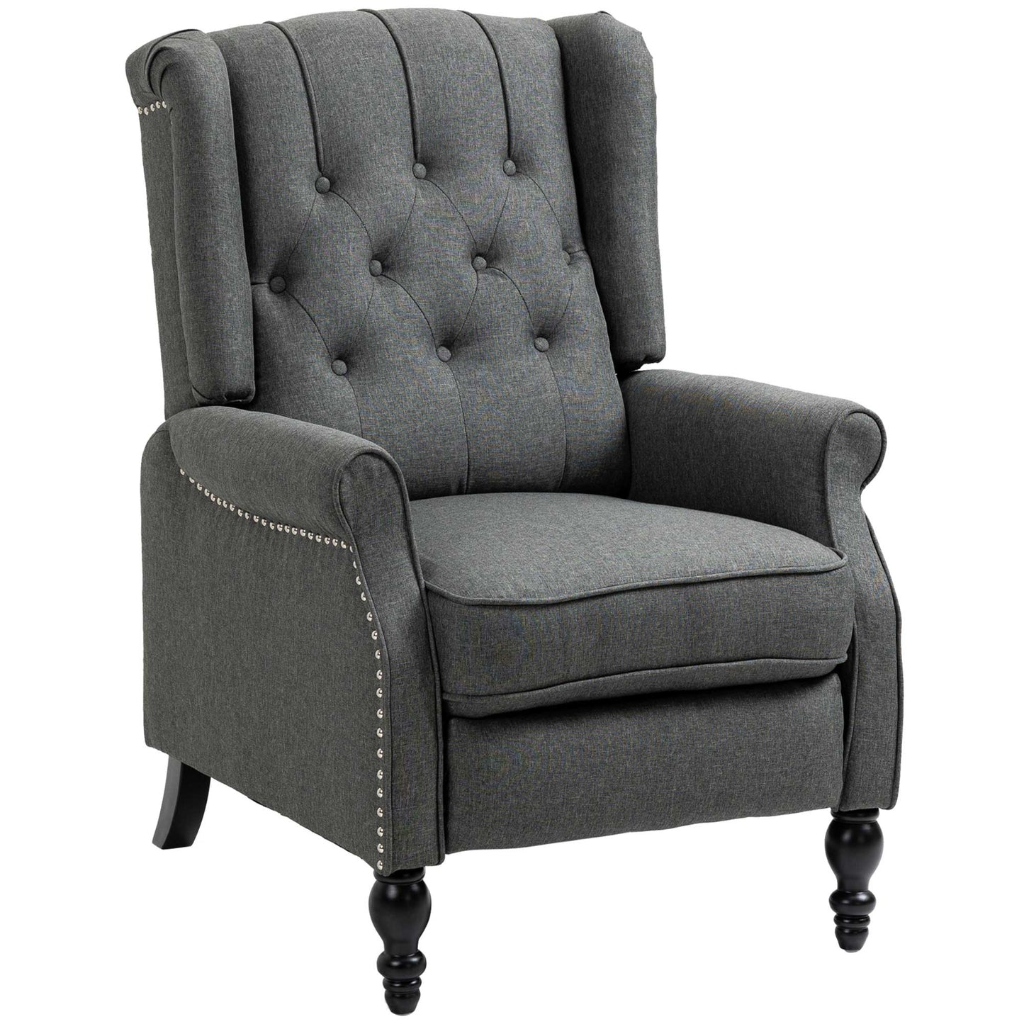 HOMCOM Dark Grey Wingback Push-Back Recliner Chair with Footrest, Tufted Fabric Armchair