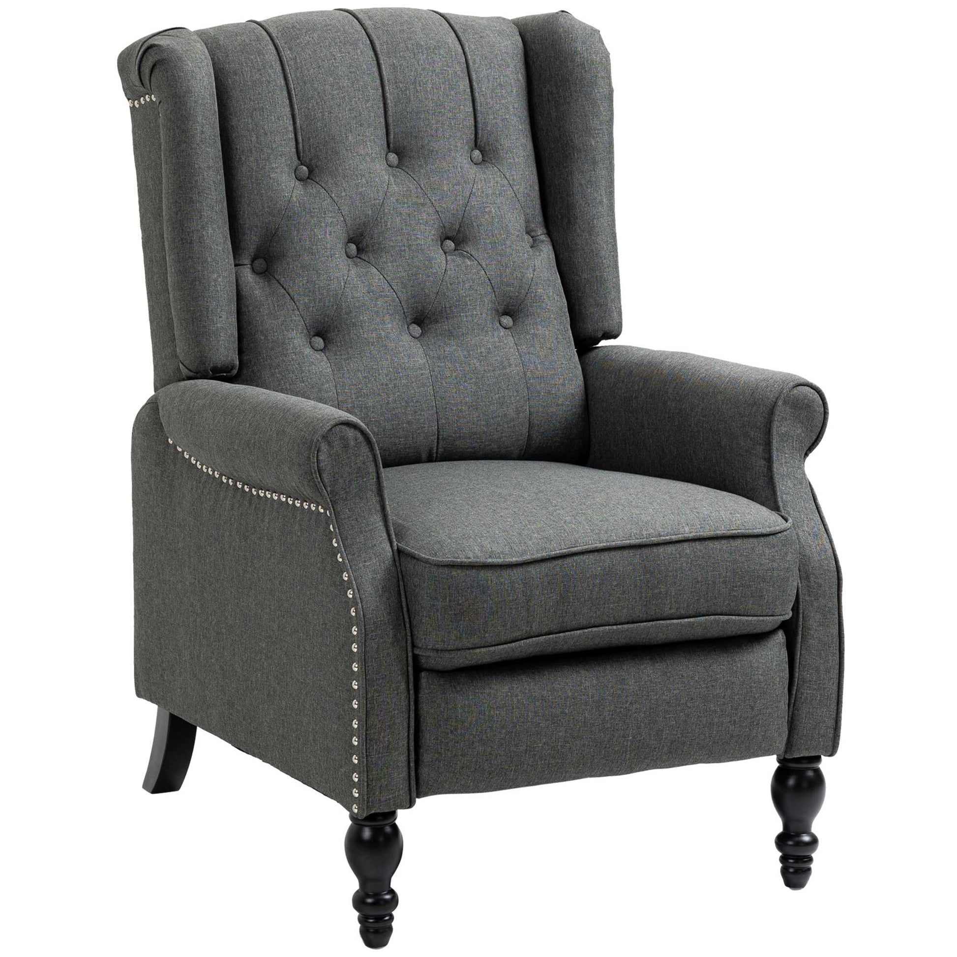 HOMCOM Dark Grey Wingback Push-Back Recliner Chair with Footrest, Tufted Fabric Armchair