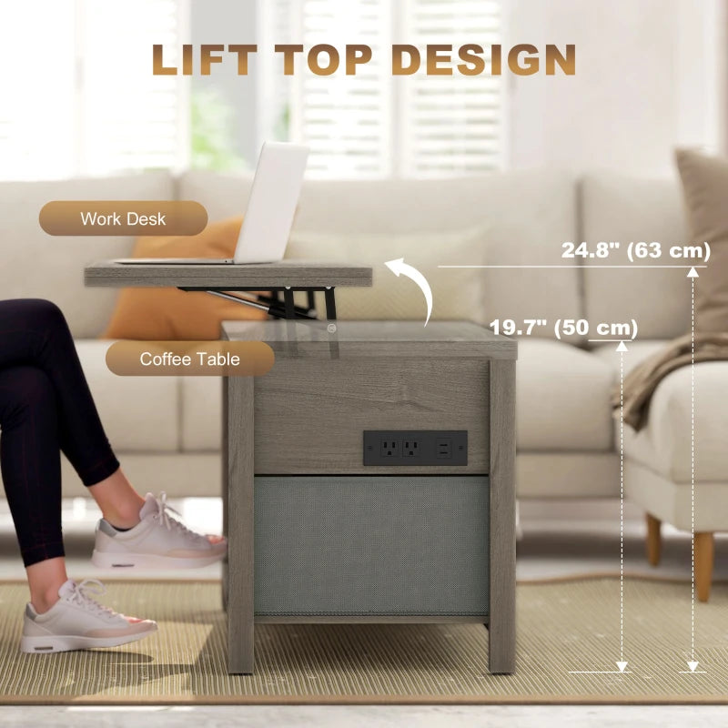 Lift Top Coffee Table with Charging, Hidden Storage, Fabric Drawers