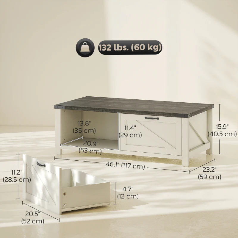 Farmhouse Grey Coffee Table with Drawer & Storage Shelf