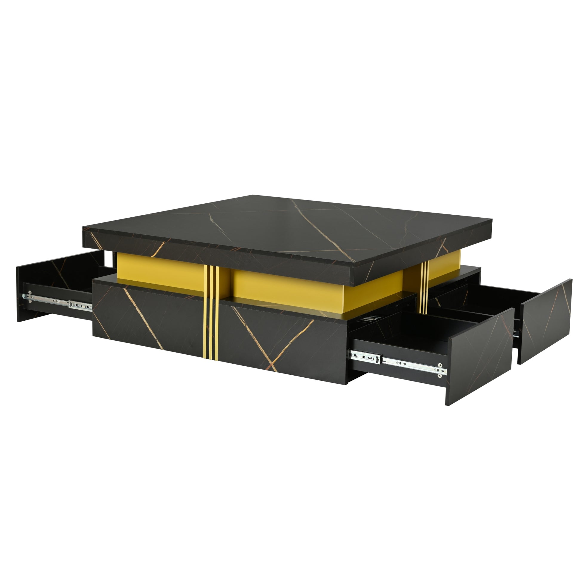 Elegant Black & Gold Modern Square Storage Coffee Table with 4 Drawers