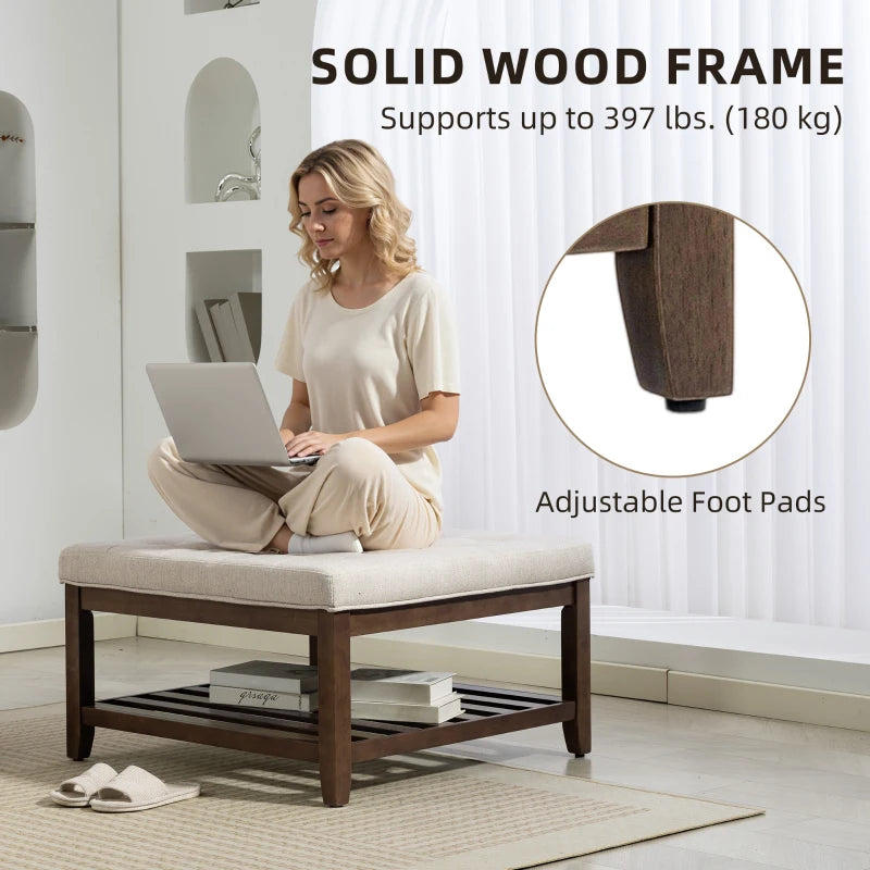 32-inch Square Linen Ottoman Coffee Table with Storage, Beige