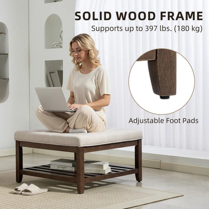 32-inch Square Linen Ottoman Coffee Table with Storage, Beige