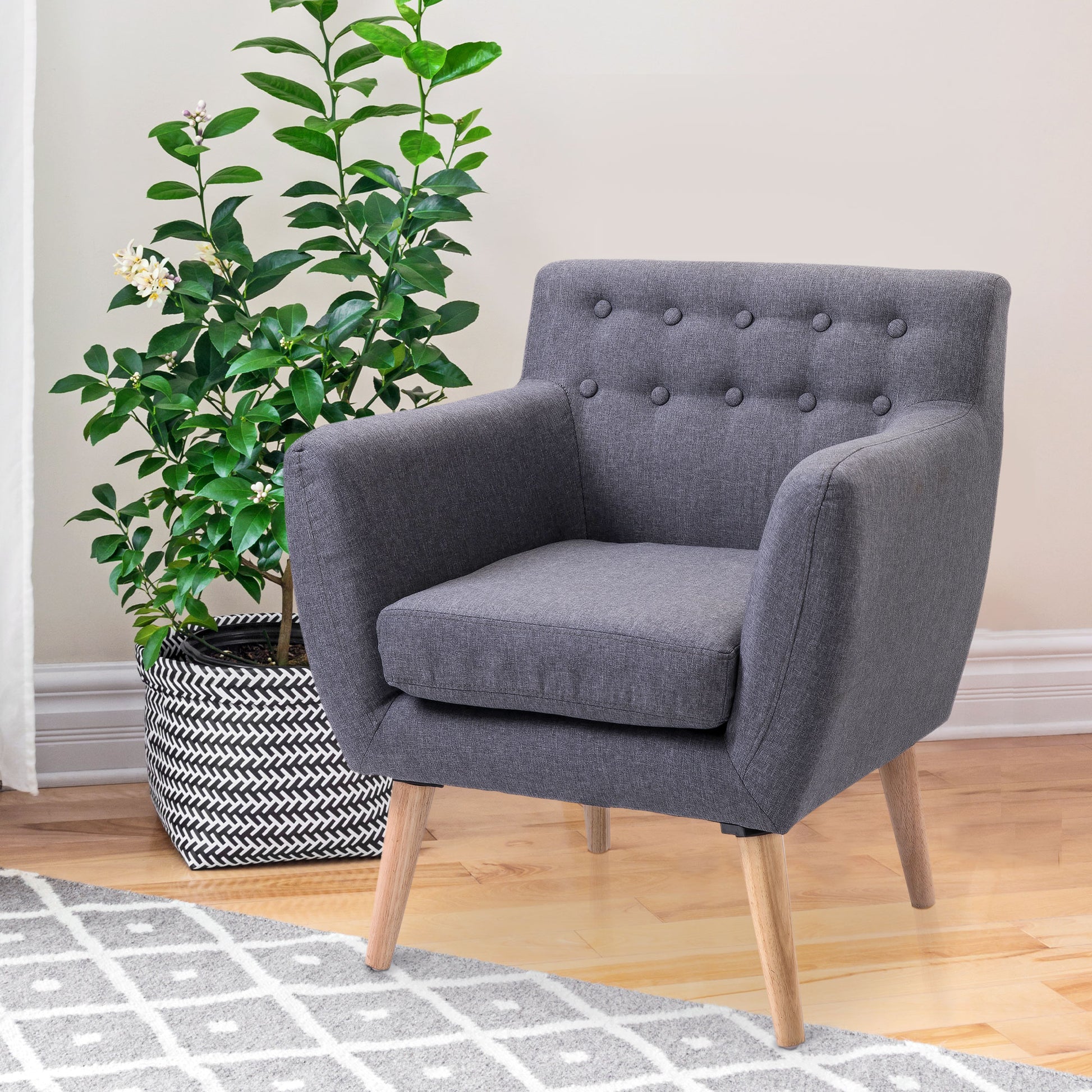 Stylish Mid-Century Modern Accent Arm Chair, Linen Upholstered, Tufted Seat, Wood Frame