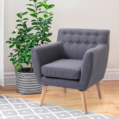 Stylish Mid-Century Modern Accent Arm Chair, Linen Upholstered, Tufted Seat, Wood Frame