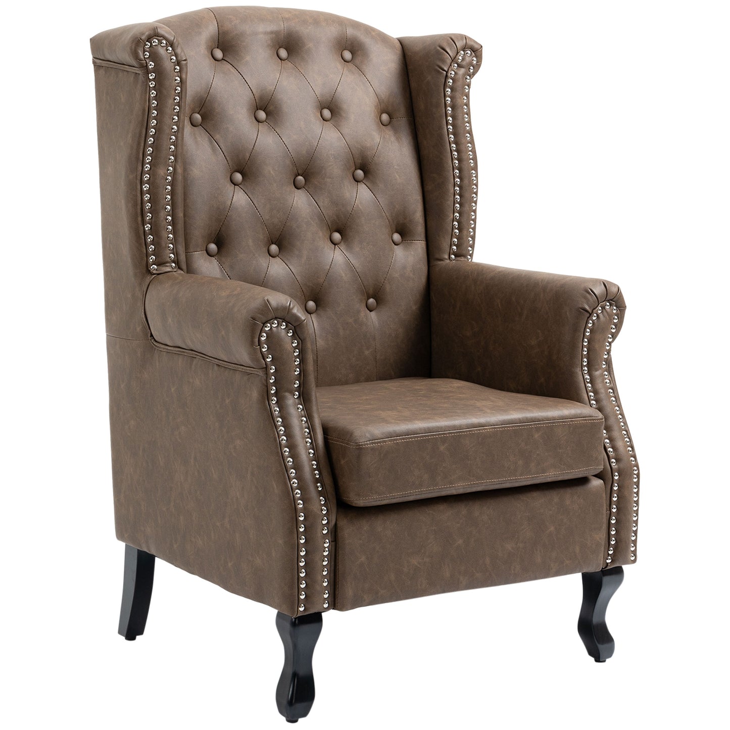 HOMCOM Brown Tufted Chesterfield Lounge Armchair, Faux Leather, Solid Wood Legs