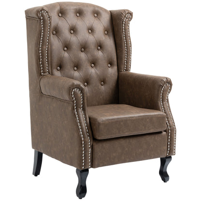 HOMCOM Brown Tufted Chesterfield Lounge Armchair, Faux Leather, Solid Wood Legs
