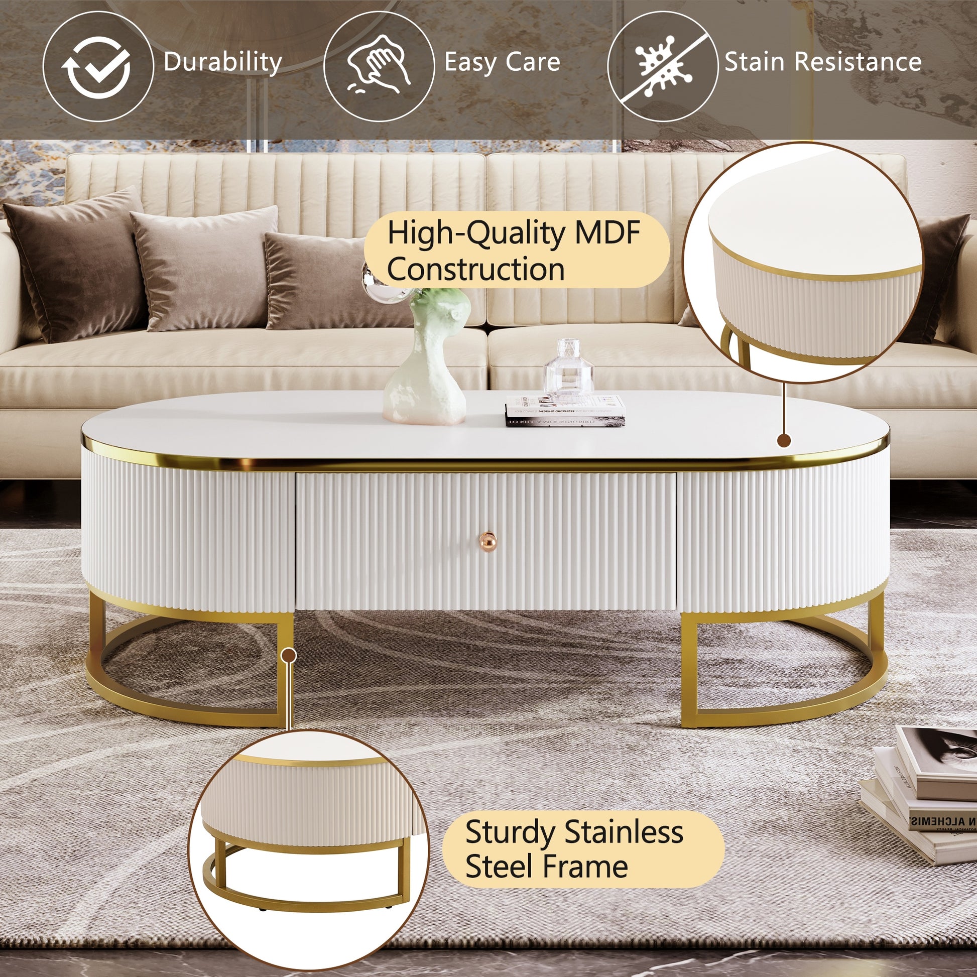 Modern High-Gloss Oval Coffee Table with Storage Drawers, Gold Metal Base, White Finish