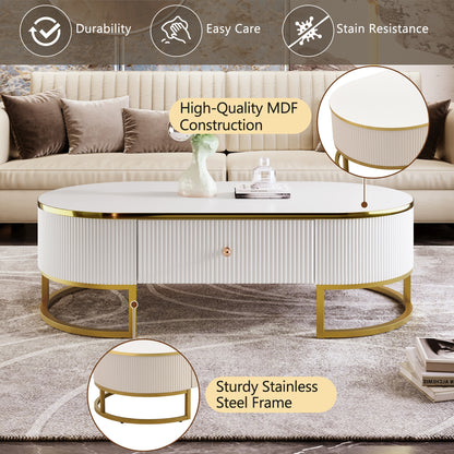 Modern High-Gloss Oval Coffee Table with Storage Drawers, Gold Metal Base, White Finish