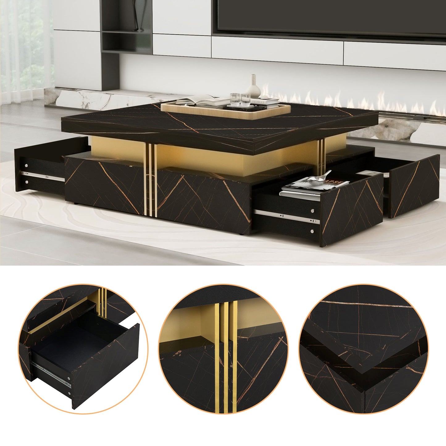 Elegant Black & Gold Modern Square Storage Coffee Table with 4 Drawers