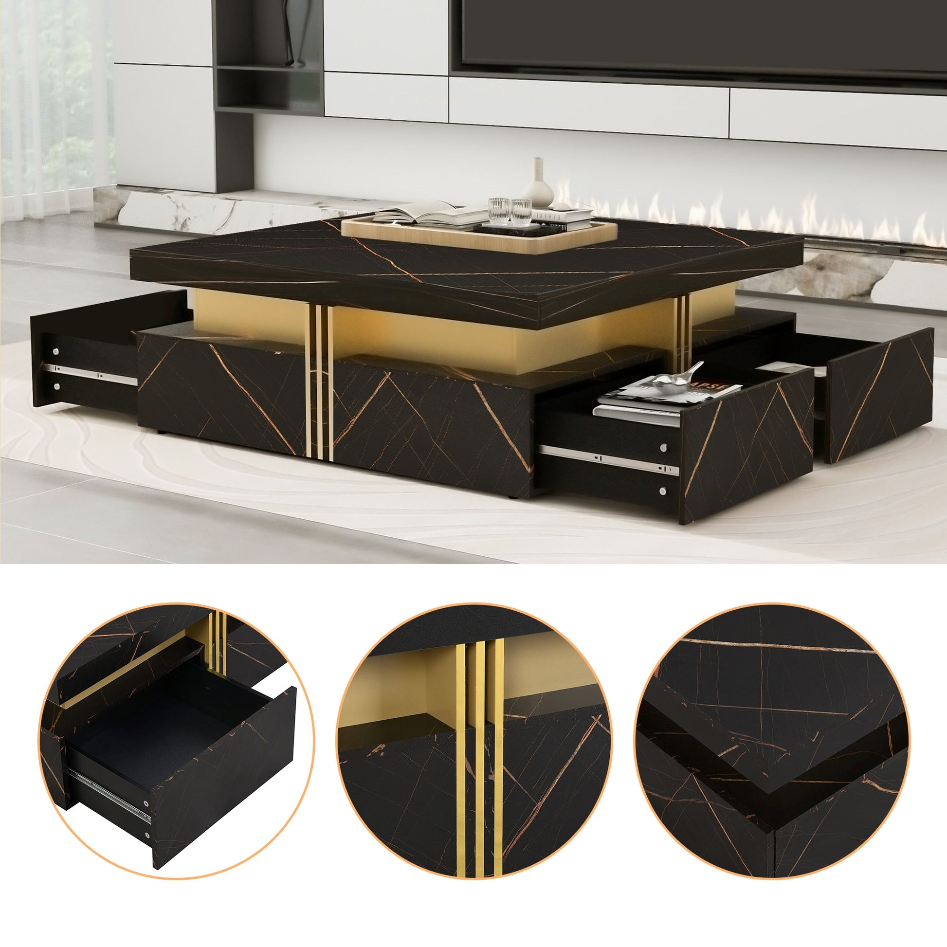 Elegant Black & Gold Modern Square Storage Coffee Table with 4 Drawers
