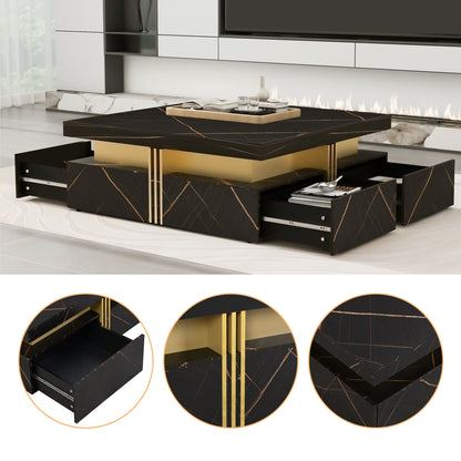Elegant Black & Gold Modern Square Storage Coffee Table with 4 Drawers
