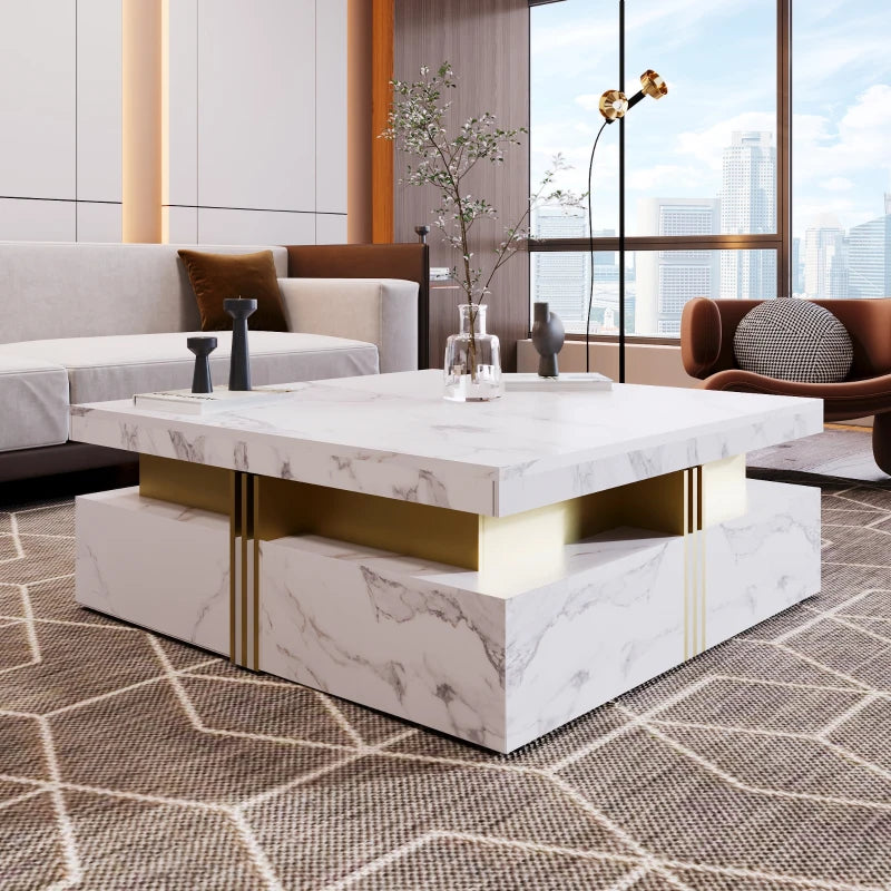 Elegant Black & Gold Modern Square Storage Coffee Table with 4 Drawers
