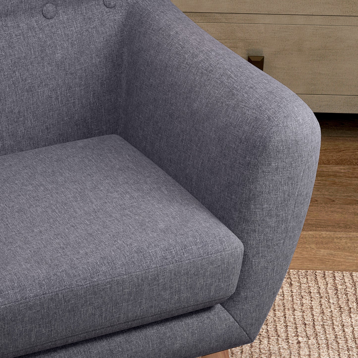 Stylish Mid-Century Modern Accent Arm Chair, Linen Upholstered, Tufted Seat, Wood Frame