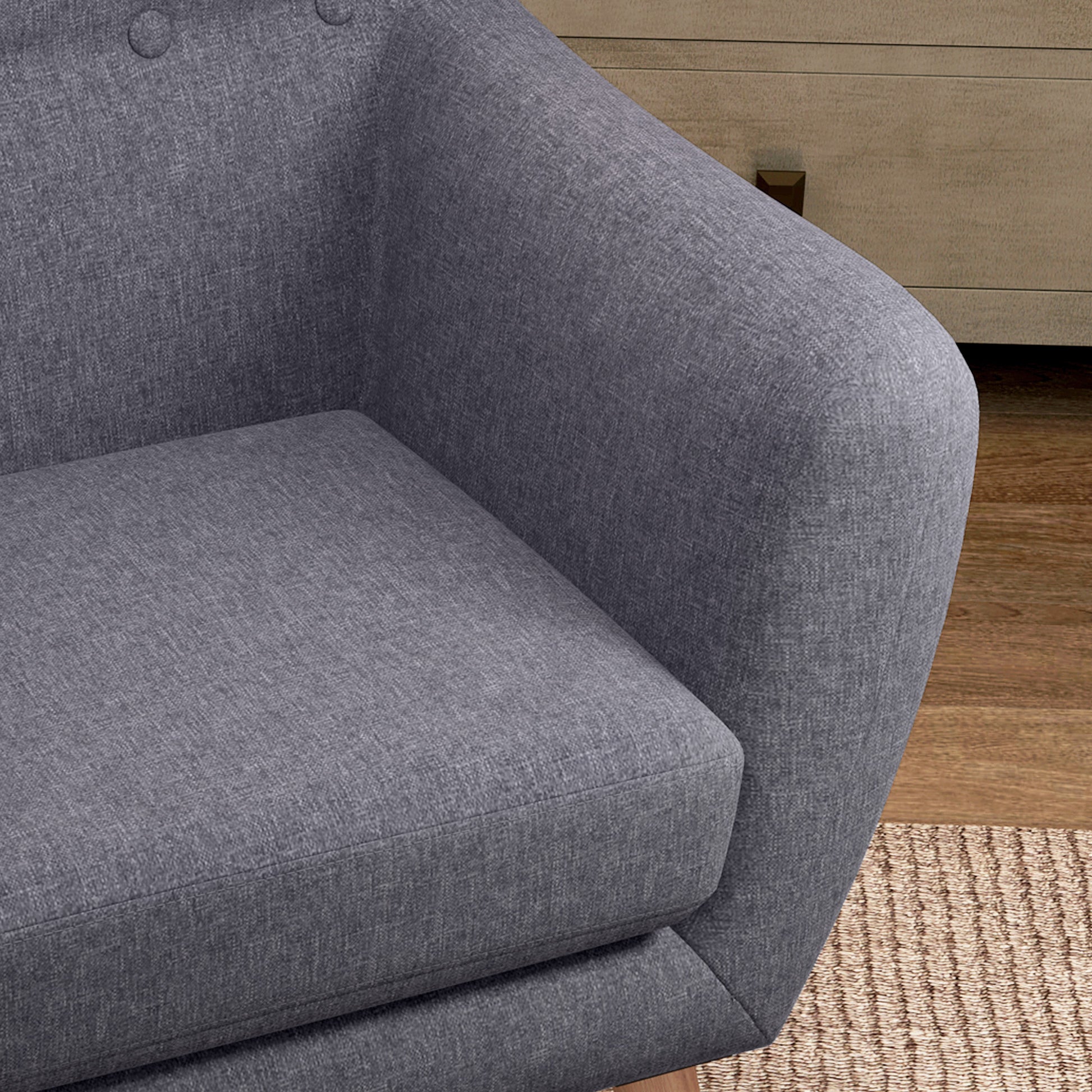 Stylish Mid-Century Modern Accent Arm Chair, Linen Upholstered, Tufted Seat, Wood Frame