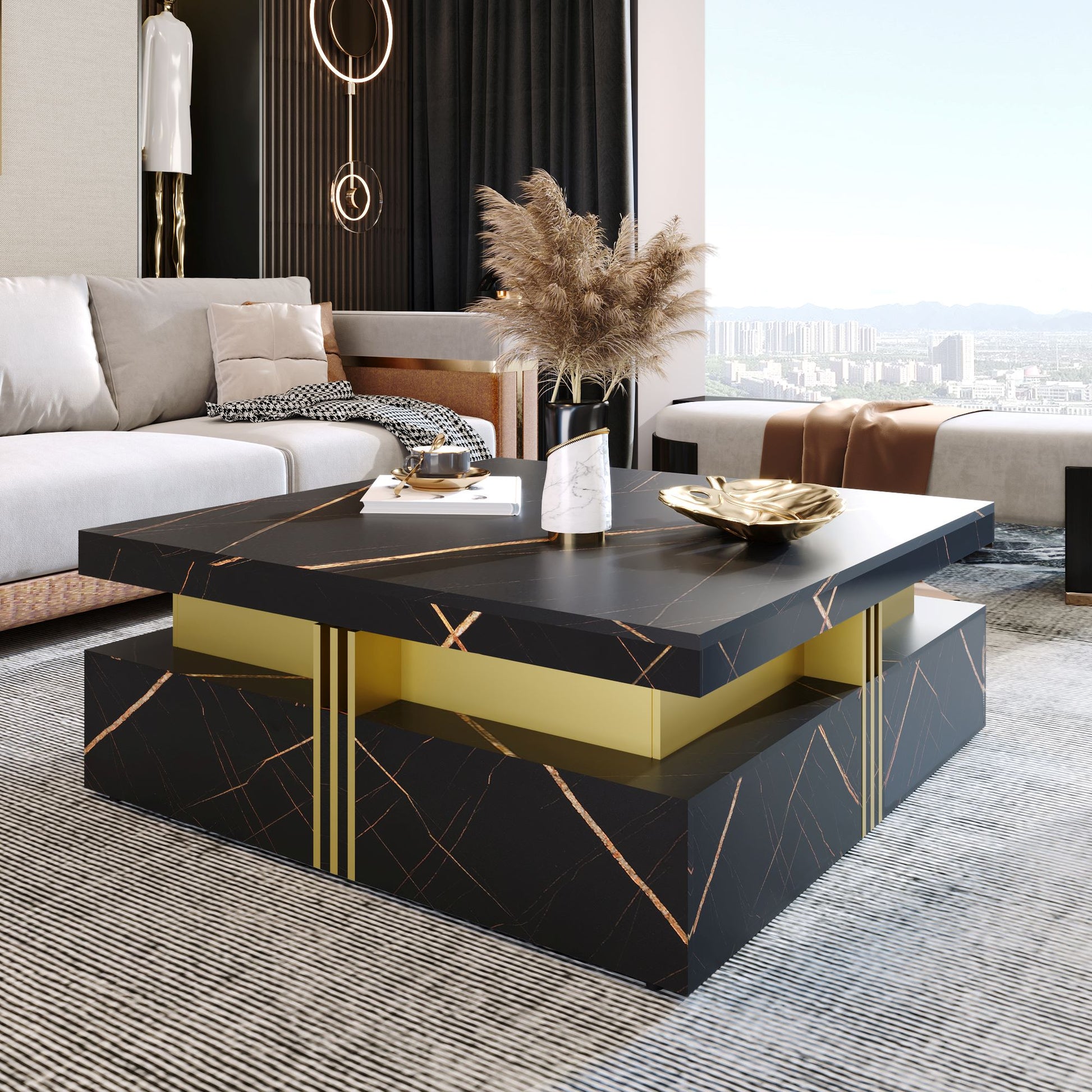 Elegant Black & Gold Modern Square Storage Coffee Table with 4 Drawers