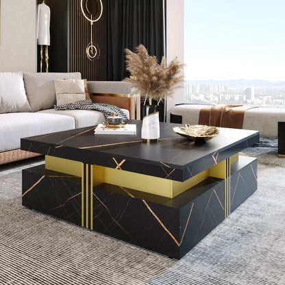 Elegant Black & Gold Modern Square Storage Coffee Table with 4 Drawers