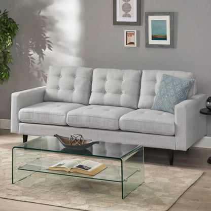 Elegant 3-Seater Sofa, Button Tufted Waffle Stitch, Solid Rubberwood Legs
