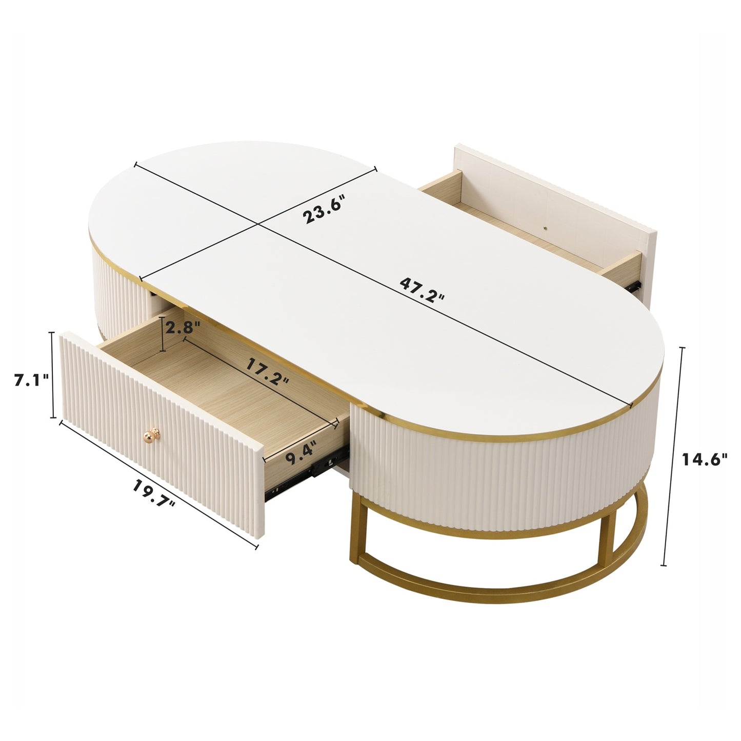 Modern High-Gloss Oval Coffee Table with Storage Drawers, Gold Metal Base, White Finish