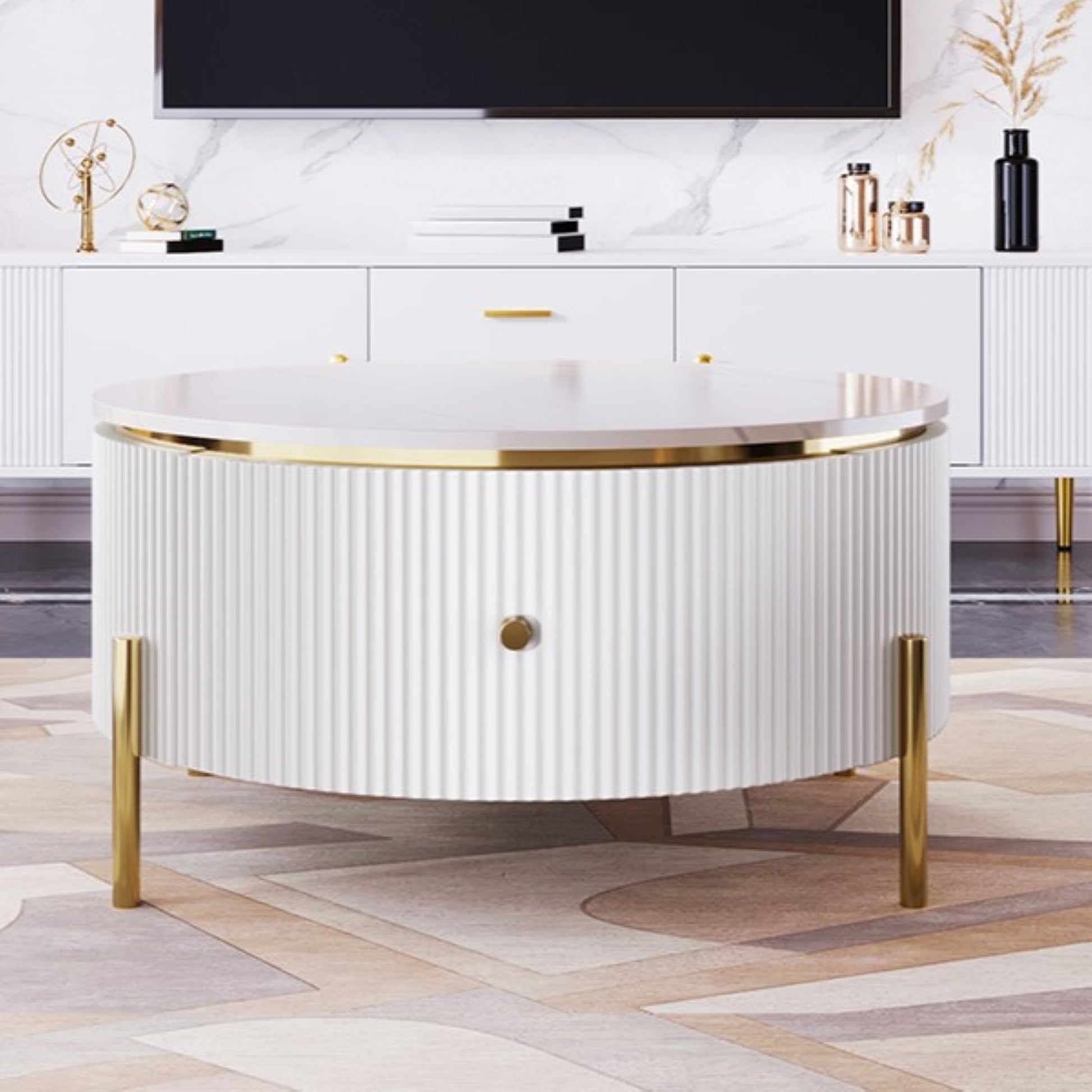 Modern Round Coffee Table with 2 Drawers, MDF, Gold Legs, White & Gold