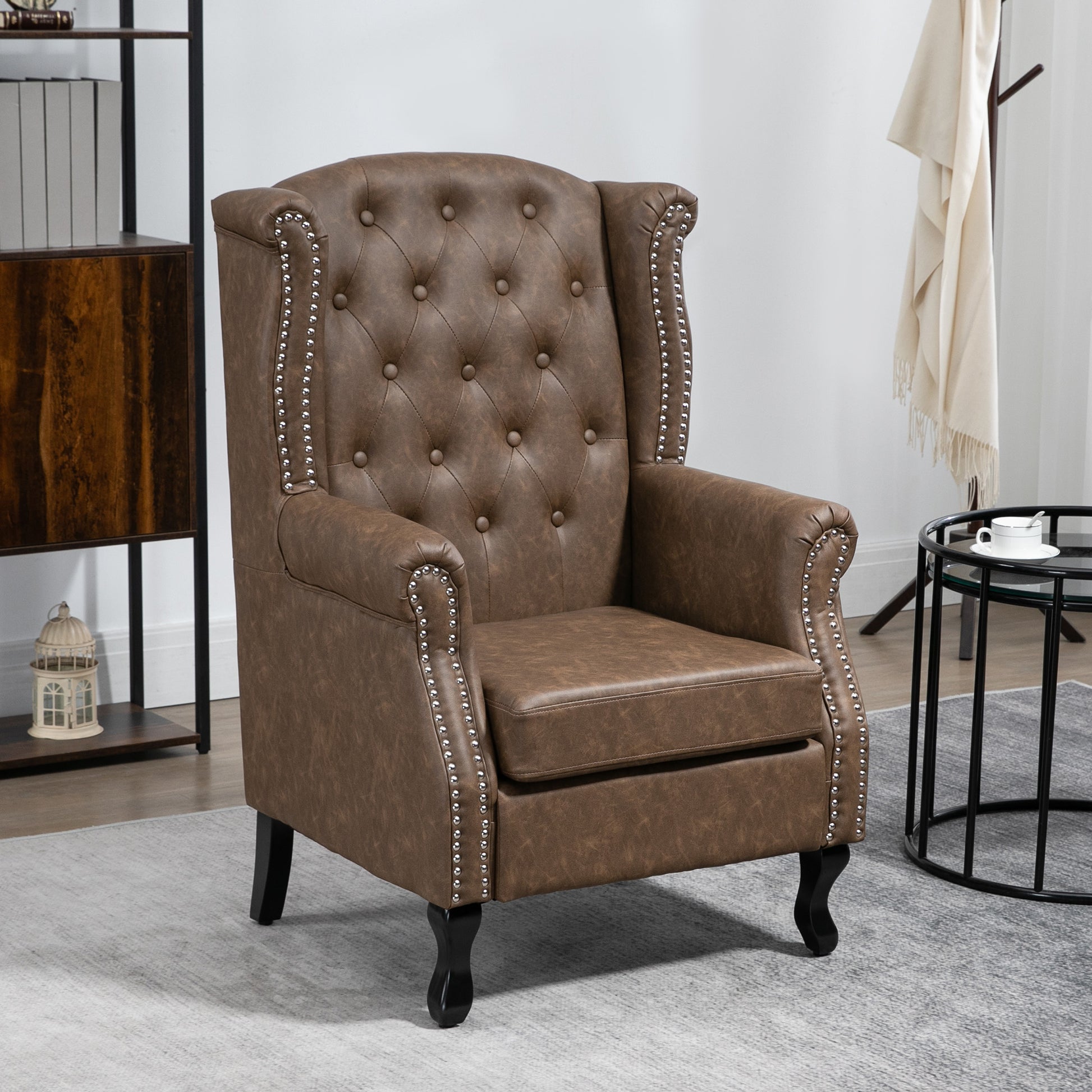 HOMCOM Brown Tufted Chesterfield Lounge Armchair, Faux Leather, Solid Wood Legs
