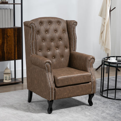 HOMCOM Brown Tufted Chesterfield Lounge Armchair, Faux Leather, Solid Wood Legs